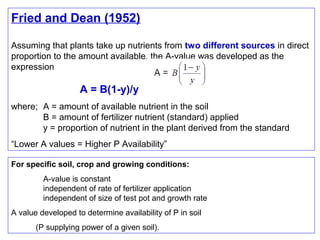 Fried and Dean (1952)
Assuming that plants take up nutrients from two different sources in direct
proportion to the amount available, the A-value was developed as the
expression

A = B(1-y)/y
where; A = amount of available nutrient in the soil
B = amount of fertilizer nutrient (standard) applied
y = proportion of nutrient in the plant derived from the standard
“Lower A values = Higher P Availability”
For specific soil, crop and growing conditions:
A-value is constant
independent of rate of fertilizer application
independent of size of test pot and growth rate
A value developed to determine availability of P in soil
(P supplying power of a given soil).

 