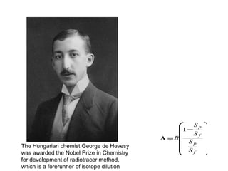 The Hungarian chemist George de Hevesy
was awarded the Nobel Prize in Chemistry
for development of radiotracer method,
which is a forerunner of isotope dilution

S

1 − p
Sf

A = B
Sp

 S
f










 