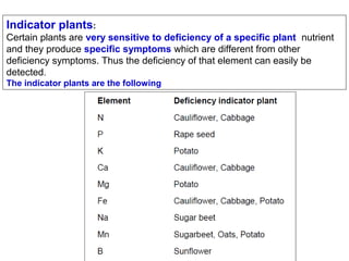 Indicator plants:
Certain plants are very sensitive to deficiency of a specific plant nutrient
and they produce specific symptoms which are different from other
deficiency symptoms. Thus the deficiency of that element can easily be
detected.
The indicator plants are the following

 