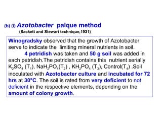 (b) (i) Azotobacter

palque method

(Sackett and Stewart technique,1931)

Winogradsky observed that the growth of Azotobacter
serve to indicate the limiting mineral nutrients in soil.
4 petridish was taken and 50 g soil was added in
each petridish.The petridish contains this nutrient serially
K2SO4 (T1), NaH2PO4(T2) , KH2PO4 (T3), Control(T4) .Soil
inoculated with Azotobacter culture and incubated for 72
hrs at 30°C. The soil is rated from very deficient to not
deficient in the respective elements, depending on the
amount of colony growth.

 