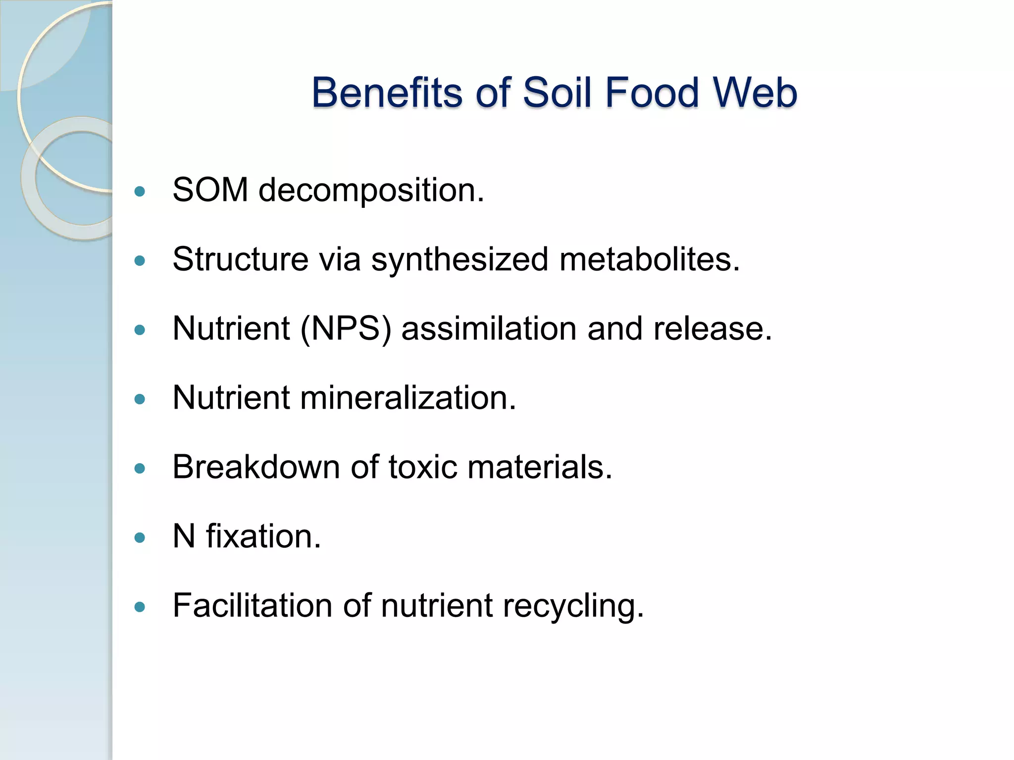 Benefits of Soil Food Web
 SOM decomposition.
 Structure via synthesized metabolites.
 Nutrient (NPS) assimilation and release.
 Nutrient mineralization.
 Breakdown of toxic materials.
 N fixation.
 Facilitation of nutrient recycling.
 