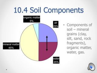 10.4 Soil Components
• Components of
soil – mineral
grains (clay,
silt, sand, rock
fragments),
organic matter,
water, gas.
air
25%
water
25%
mineral matter
45%
organic matter
5%
 