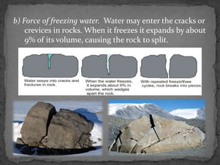 b) Force of freezing water. Water may enter the cracks or
crevices in rocks. When it freezes it expands by about
9% of its volume, causing the rock to split.
 