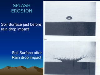 SPLASH
      EROSION

Soil Surface just before
rain drop impact




      Soil Surface after
      Rain drop impact
 