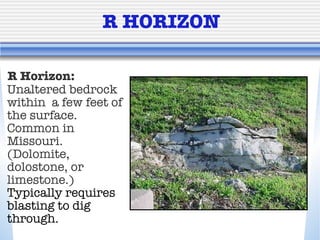 R HORIZON R Horizon:   Unaltered bedrock  within  a few feet of the surface. Common in Missouri.  (Dolomite, dolostone, or limestone.)  Typically requires blasting to dig through. 