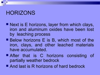 HORIZONS
 Next is E horizons, layer from which clays,
  iron and aluminum oxides have been lost
  by leaching process
 Below horizons E is B, which most of the
  iron, clays, and other leached materials
  have accumulated.
 After that is C horizons consisting of
  partially weather bedrock
 And last is R horizons of hard bedrock
 