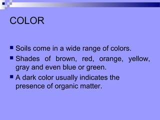 COLOR

 Soils come in a wide range of colors.
 Shades of brown, red, orange, yellow,
  gray and even blue or green.
 A dark color usually indicates the
  presence of organic matter.
 