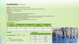 Free Swell Index (IS 2720 Part 40)
Purpose: To determine the free swell index of soil sample.
Apparatus: Oven, Weighing machine, 2 x 1000 mL graduated cylinder, Glass Rod, 425µ IS Sieve
Chemicals: Kerosine, Distilled Water
Procedures:
1. Take 10 gm of oven dried soil sample passing through 425µ IS sieve.
2. Divide soil sample into two portion i.e. 5 gm each.
3. Take 100 mL of distilled water into one graduated cylinder and 100 mL of kerosene into another graduated cylinder.
4. Add 5 gm of soil sample into distilled water cylinder and another 5 gm into kerosene.
5. Stir gently with glass rod to remove entrapped air.
6. Keep both cylinder for 24 hrs. in undisturbed condition to settle the soil.
7. Record the volume after 24 hrs.
Calculation:
Free Swell Index (FSL) =
Vw - Vk
Vk
_________ X 100
Where,
Vw= Volume of soil in Water (mL)
Vk= Volume of soil in Kerosene (mL)
Observation Table:
Sample No.
Weight of sample
(g)
Volume in water
(mL)
Volume in
kerosene (mL)
Free Swell Index
(%)
1
2
Interpretation:
Free Swell Index (%) Degree of Expansiveness
0 - 20 Low
20 – 35 Moderate
35 – 50 High
> 50 Very High
 