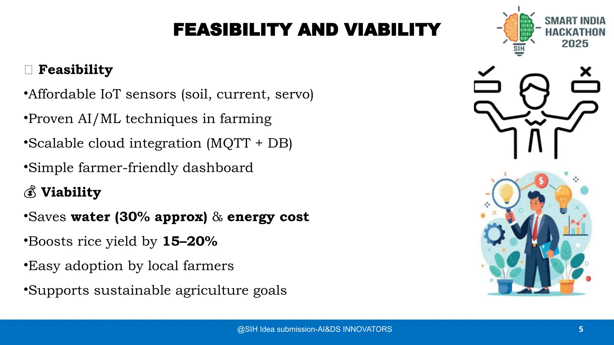 FEASIBILITY AND VIABILITY
5
@SIH Idea submission-AI&DS INNOVATORS
✅ Feasibility
•Affordable IoT sensors (soil, current, servo)
•Proven AI/ML techniques in farming
•Scalable cloud integration (MQTT + DB)
•Simple farmer-friendly dashboard
💰 Viability
•Saves water (30% approx) & energy cost
•Boosts rice yield by 15–20%
•Easy adoption by local farmers
•Supports sustainable agriculture goals
 
