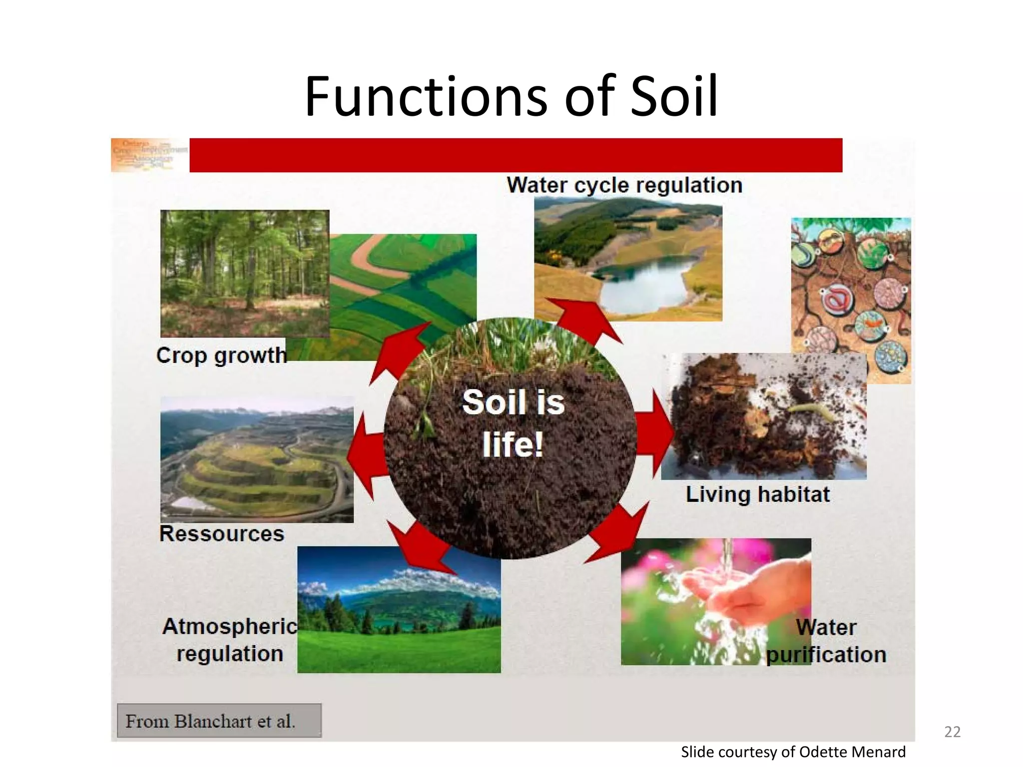 Functions of Soil
22
Slide courtesy of Odette Menard
 