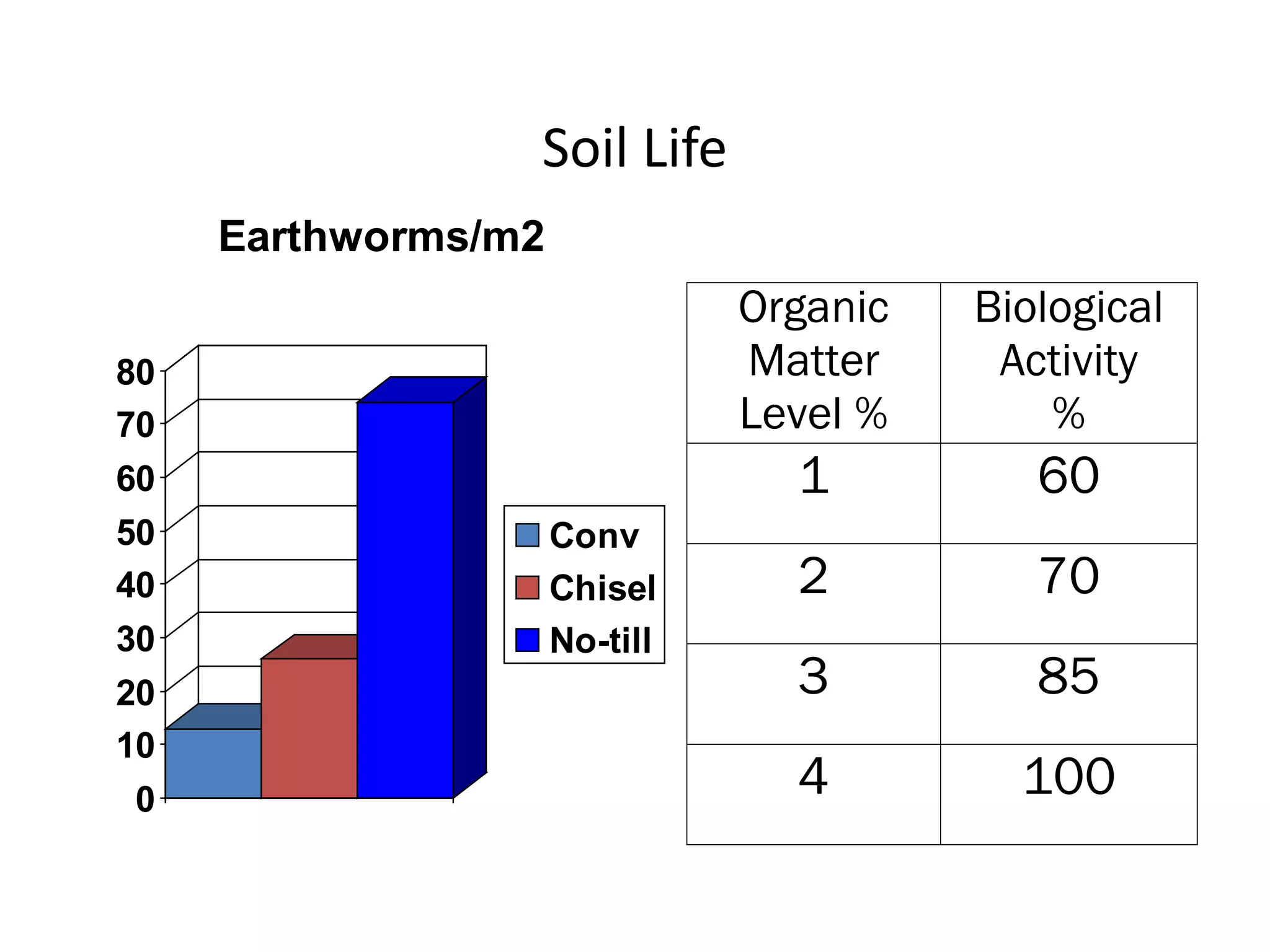 Soil Life
0
10
20
30
40
50
60
70
80
Earthworms/m2
Conv
Chisel
No-till
Organic
Matter
Level %
Biological
Activity
%
1 60
2 70
3 85
4 100
 