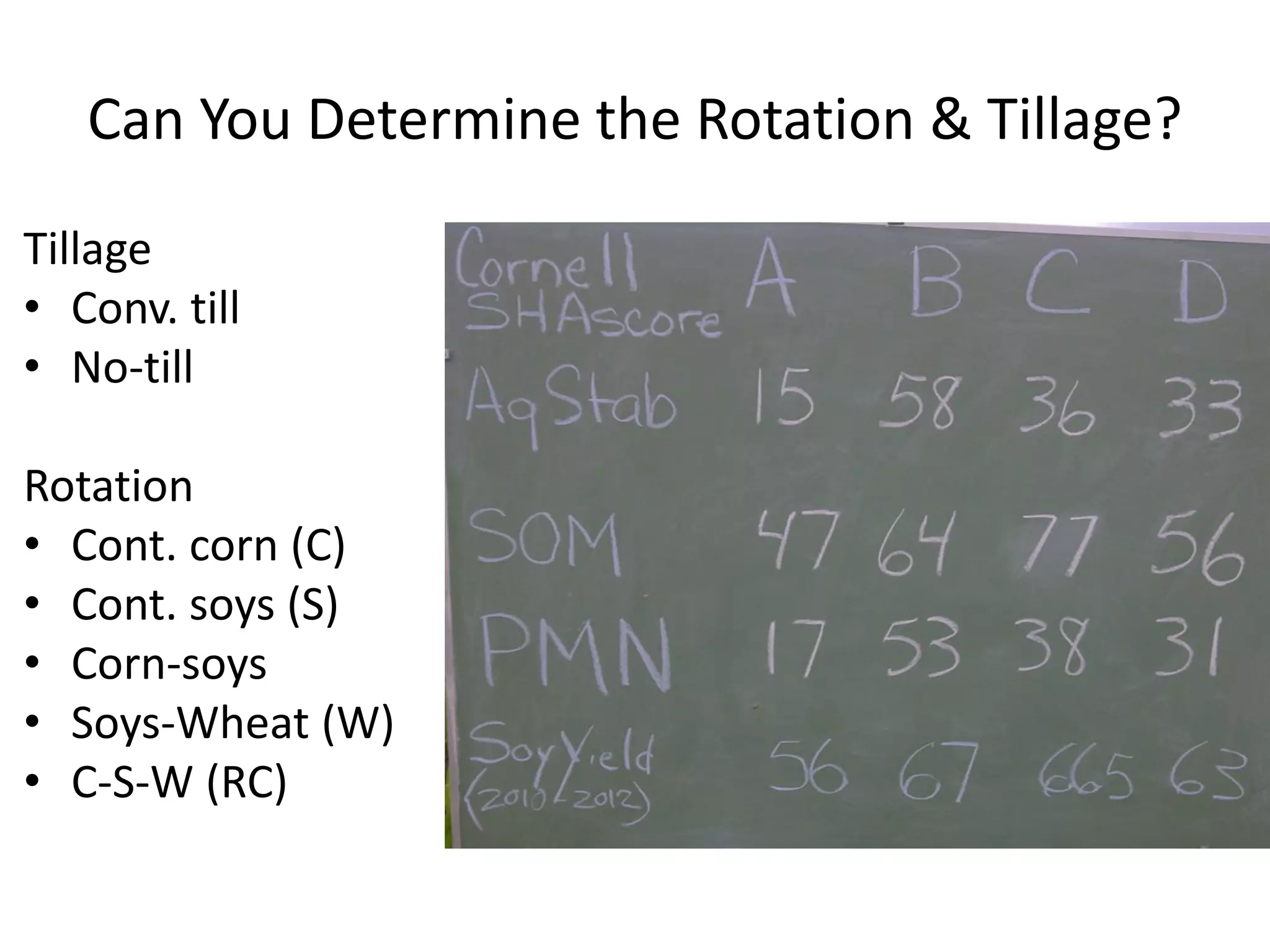 Can You Determine the Rotation & Tillage?
Tillage
• Conv. till
• No-till
Rotation
• Cont. corn (C)
• Cont. soys (S)
• Corn-soys
• Soys-Wheat (W)
• C-S-W (RC)
 