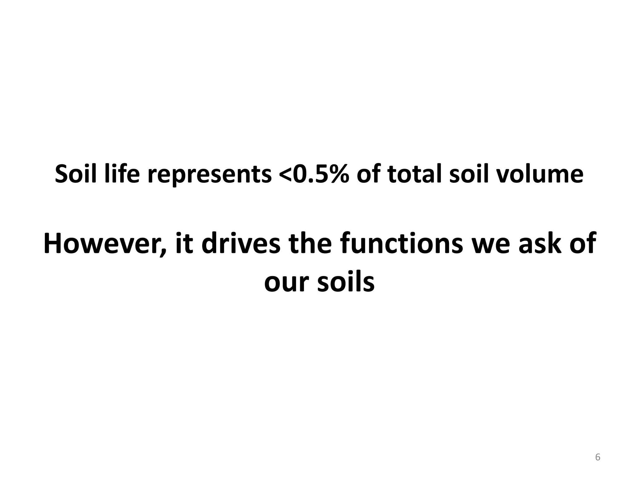 Soil life represents <0.5% of total soil volume
However, it drives the functions we ask of
our soils
6
 