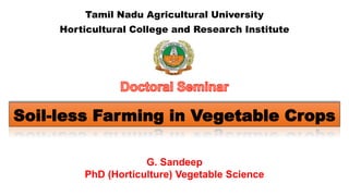 Soil-less Farming in Vegetable Crops
Tamil Nadu Agricultural University
Horticultural College and Research Institute
G. Sandeep
PhD (Horticulture) Vegetable Science
 