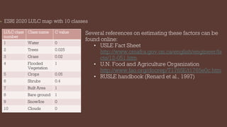 • ESRI 2020 LULC map with 10 classes
LULC class
number
Class name C value
1 Water 0
2 Trees 0.025
3 Grass 0.02
4 Flooded
Vegetation
1
5 Crops 0.05
6 Shrubs 0.4
7 Built Area 1
8 Bare ground 1
9 Snow/Ice 0
10 Clouds 0
Several references on estimating these factors can be
found online:
• USLE Fact Sheet
http://www.omafra.gov.on.ca/english/engineer/fa
cts/12-051.htm
• U.N. Food and Agriculture Organization
http://www.fao.org/docrep/T1765E/t1765e0c.htm
• RUSLE handbook (Renard et al., 1997)
 