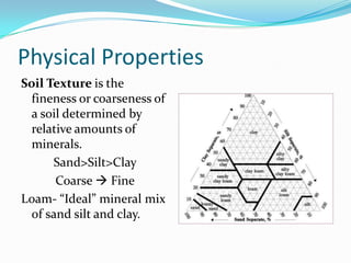 Physical Properties
Soil Texture is the
  fineness or coarseness of
  a soil determined by
  relative amounts of
  minerals.
      Sand>Silt>Clay
       Coarse  Fine
Loam- “Ideal” mineral mix
  of sand silt and clay.
 