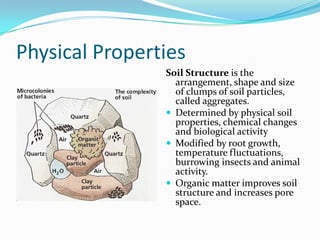 Physical Properties
                Soil Structure is the
                  arrangement, shape and size
                  of clumps of soil particles,
                  called aggregates.
                 Determined by physical soil
                  properties, chemical changes
                  and biological activity
                 Modified by root growth,
                  temperature fluctuations,
                  burrowing insects and animal
                  activity.
                 Organic matter improves soil
                  structure and increases pore
                  space.
 