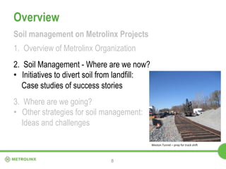 Overview 
Soil management on Metrolinx Projects 
1. Overview of Metrolinx Organization 
2. Soil Management - Where are we ...