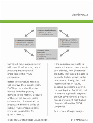 October 2012




                                 Creating Buying Power
                                 • Access to credit
                                 • Income generation


        Communication Links                                 Shaping Aspirations
        • Distribution systems                              • Consumer education
        • Communication Links                               • Sustainable
                                                            development

                                 Tailoring local
                                 solutions
                                 • Targeted product
                                 develpment
                                 • Bottom - up innovation

Increased focus on farm sector                        if the companies are able to
will boost Rural income, hence                        convince the rural consumers to
providing better growth                               buy branded, new generation
prospects to the FMCG                                 products, they would be able to
companies.                                            generate higher growth in the
                                                      near future. Surely, the rural
Better infrastructure facilities
                                                      income will rise in future,
will improve their supply chain.
                                                      boosting purchasing power in
FMCG sector is also likely to
                                                      the countryside. But it will test
benefit from the growing
                                                      innovative approach, targeted
demand in the market. Because
                                                      product development, product
of the current low per capita
                                                      access and robust distribution
consumption of almost all the
                                                      channels offered by FMCG
products in the rural areas of
                                                      companies.
India, FMCG companies have
immense possibilities for                             References: Google Images
growth. Hence,

©SCHOOL of INSPIRED LEADERSHIP                                          14 | MARKezine
 