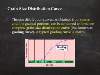 Grain-Size Distribution Curve
 The size distribution curves, as obtained from coarse
and fine grained portions, can be combined to form one
complete grain-size distribution curve (also known as
grading curve). A typical grading curve is shown.
 