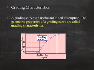  Grading Characteristics
 A grading curve is a useful aid to soil description. The
geometric properties of a grading curve are called
grading characteristics.
 