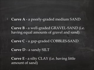  Curve A - a poorly-graded medium SAND 
Curve B - a well-graded GRAVEL-SAND (i.e.
having equal amounts of gravel and sand) 
Curve C - a gap-graded COBBLES-SAND 
Curve D - a sandy SILT 
Curve E - a silty CLAY (i.e. having little
amount of sand) 
 