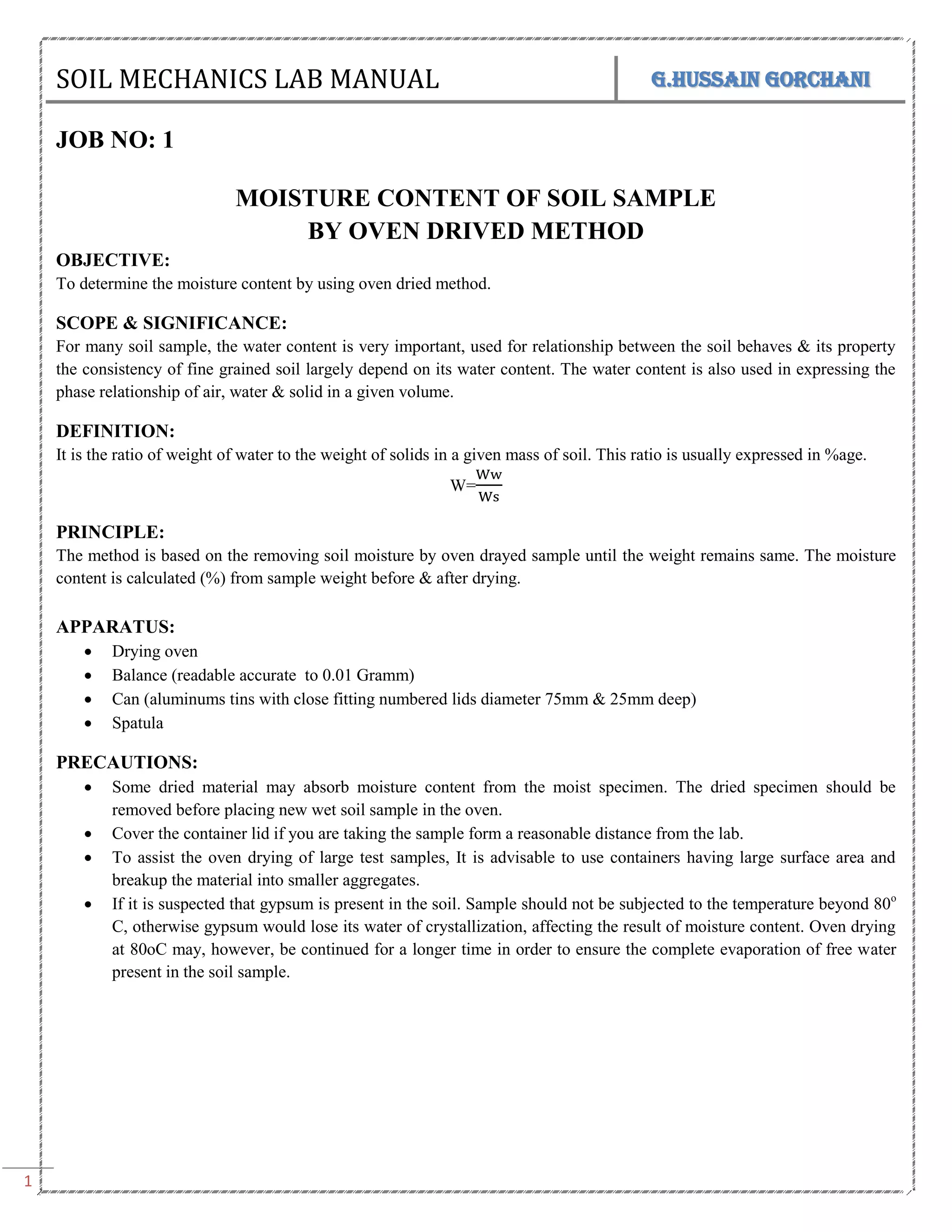 CT-233 SOIL MECHANICS LAB MANUAL BSC Civil | PDF