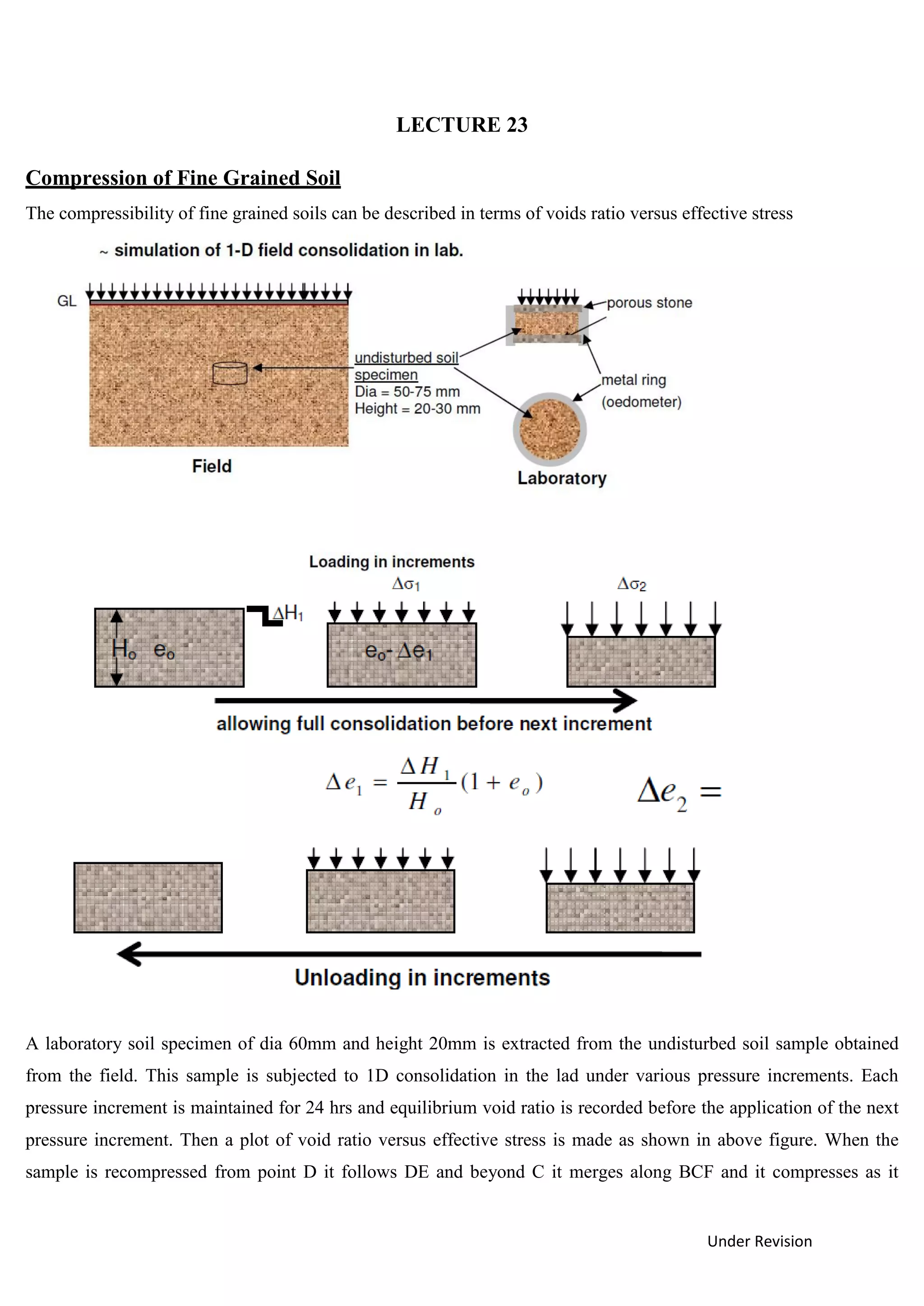 Under Revision
LECTURE 23
Compression of Fine Grained Soil
The compressibility of fine grained soils can be described in terms of voids ratio versus effective stress
A laboratory soil specimen of dia 60mm and height 20mm is extracted from the undisturbed soil sample obtained
from the field. This sample is subjected to 1D consolidation in the lad under various pressure increments. Each
pressure increment is maintained for 24 hrs and equilibrium void ratio is recorded before the application of the next
pressure increment. Then a plot of void ratio versus effective stress is made as shown in above figure. When the
sample is recompressed from point D it follows DE and beyond C it merges along BCF and it compresses as it
 