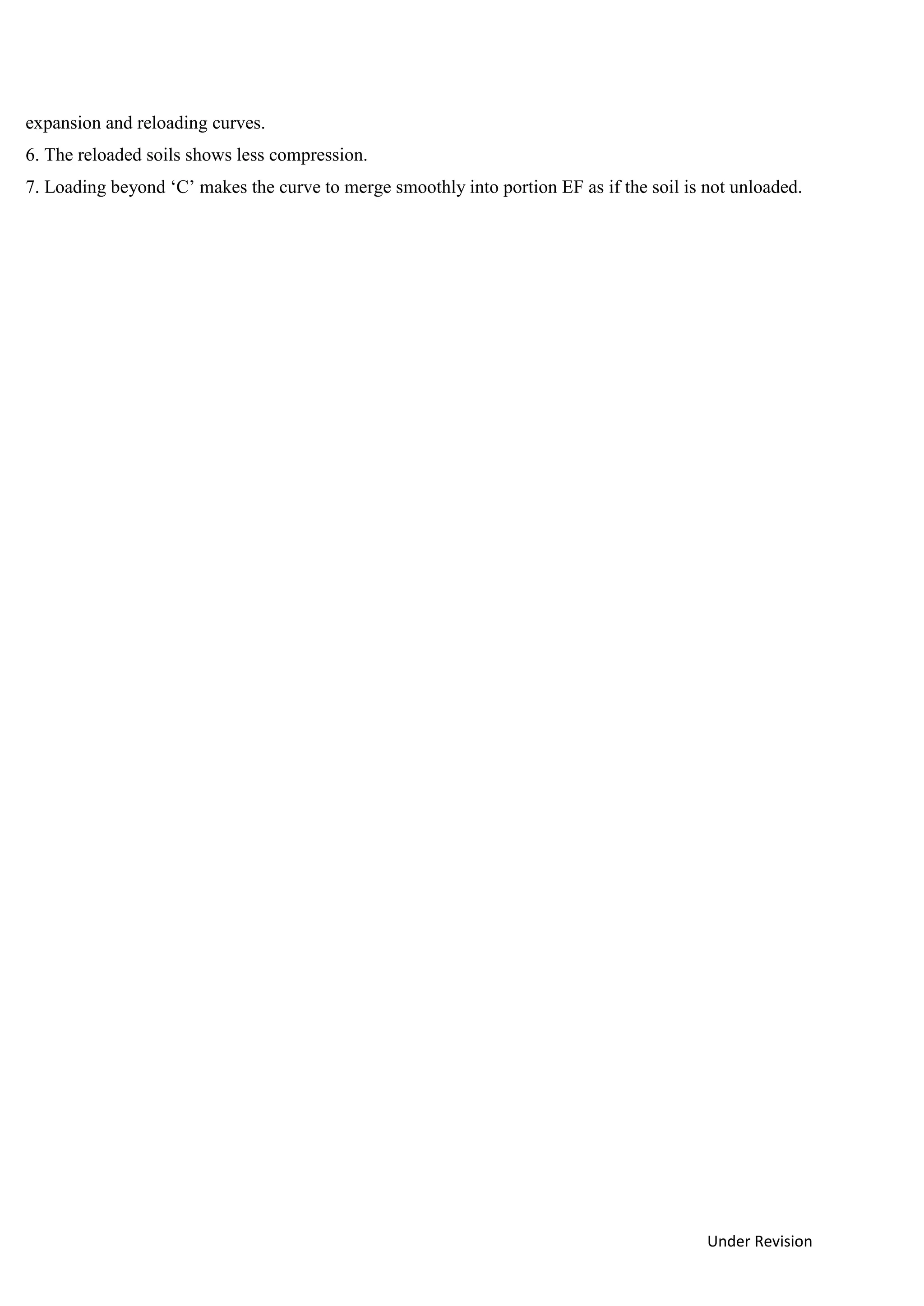 Under Revision
expansion and reloading curves.
6. The reloaded soils shows less compression.
7. Loading beyond ‘C’ makes the curve to merge smoothly into portion EF as if the soil is not unloaded.
 