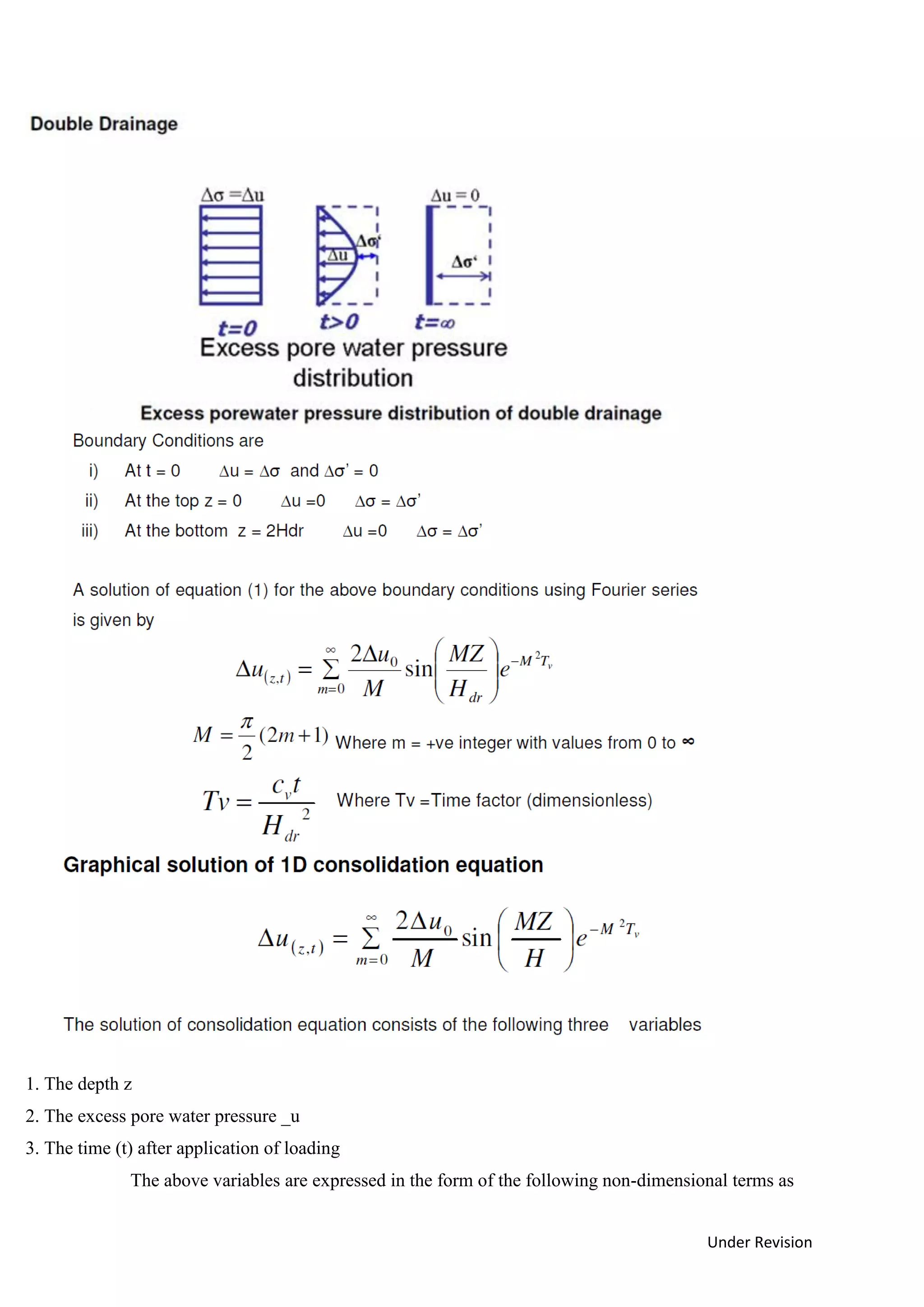 Under Revision
1. The depth z
2. The excess pore water pressure _u
3. The time (t) after application of loading
The above variables are expressed in the form of the following non-dimensional terms as
 