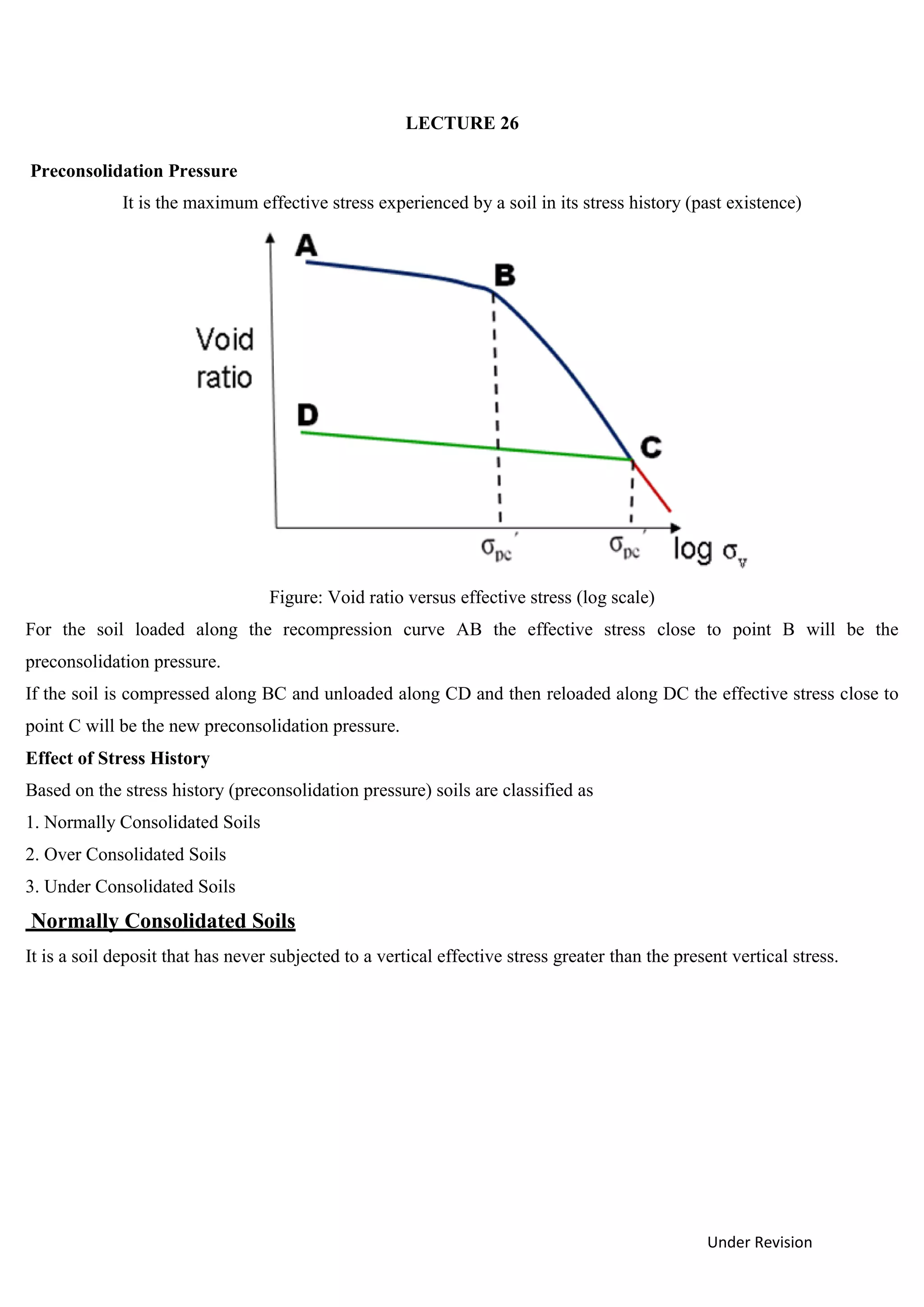 Under Revision
LECTURE 26
Preconsolidation Pressure
It is the maximum effective stress experienced by a soil in its stress history (past existence)
Figure: Void ratio versus effective stress (log scale)
For the soil loaded along the recompression curve AB the effective stress close to point B will be the
preconsolidation pressure.
If the soil is compressed along BC and unloaded along CD and then reloaded along DC the effective stress close to
point C will be the new preconsolidation pressure.
Effect of Stress History
Based on the stress history (preconsolidation pressure) soils are classified as
1. Normally Consolidated Soils
2. Over Consolidated Soils
3. Under Consolidated Soils
Normally Consolidated Soils
It is a soil deposit that has never subjected to a vertical effective stress greater than the present vertical stress.
 