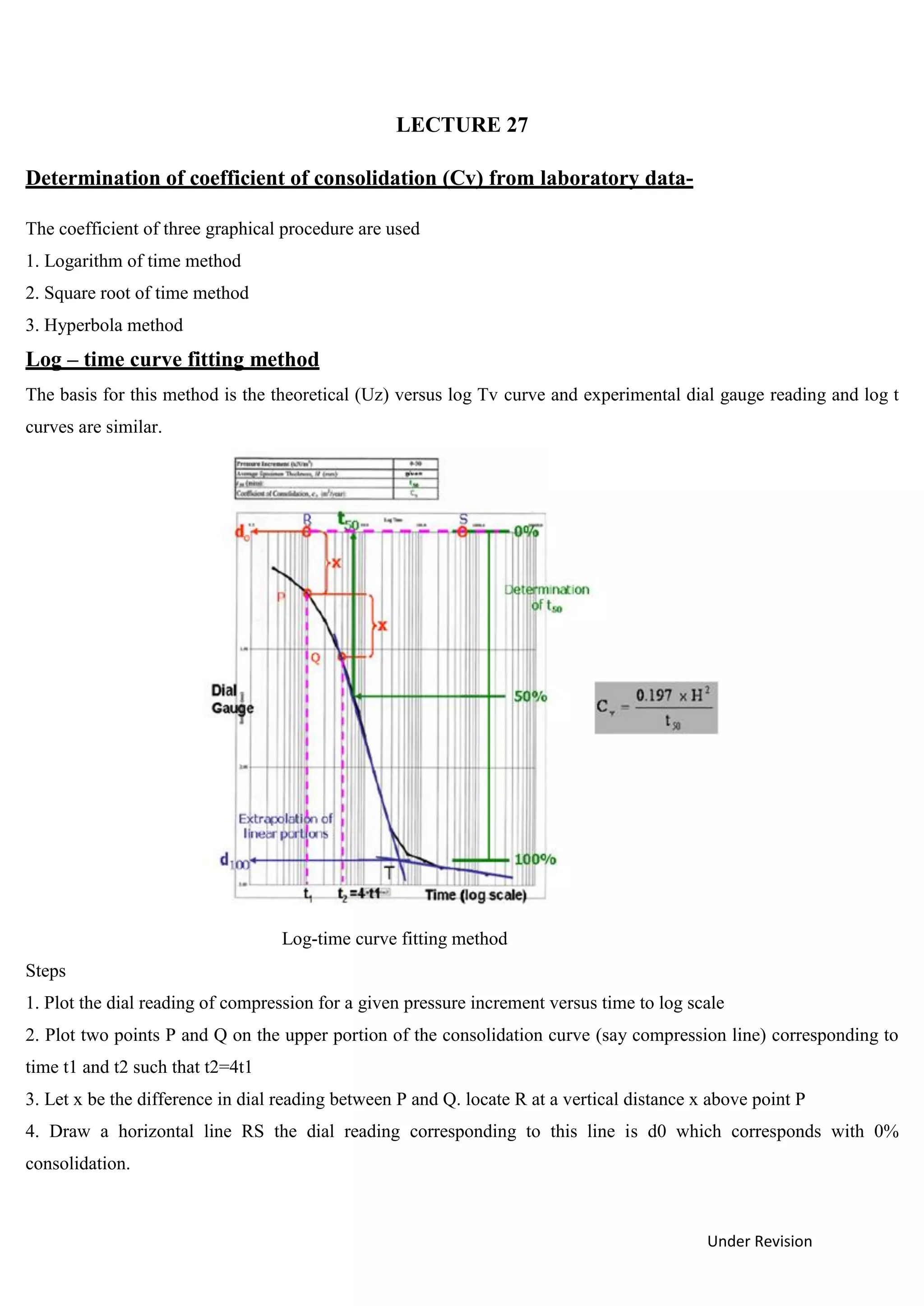 Under Revision
LECTURE 27
Determination of coefficient of consolidation (Cv) from laboratory data-
The coefficient of three graphical procedure are used
1. Logarithm of time method
2. Square root of time method
3. Hyperbola method
Log – time curve fitting method
The basis for this method is the theoretical (Uz) versus log Tv curve and experimental dial gauge reading and log t
curves are similar.
Log-time curve fitting method
Steps
1. Plot the dial reading of compression for a given pressure increment versus time to log scale
2. Plot two points P and Q on the upper portion of the consolidation curve (say compression line) corresponding to
time t1 and t2 such that t2=4t1
3. Let x be the difference in dial reading between P and Q. locate R at a vertical distance x above point P
4. Draw a horizontal line RS the dial reading corresponding to this line is d0 which corresponds with 0%
consolidation.
 