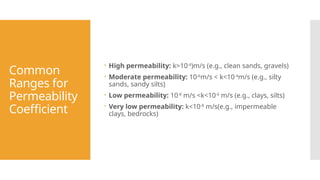 Common
Ranges for
Permeability
Coefficient
 High permeability: k>10-4
)m/s (e.g., clean sands, gravels)
 Moderate permeability: 10-6
m/s < k<10-4
m/s (e.g., silty
sands, sandy silts)
 Low permeability: 10-8
m/s <k<10-6
m/s (e.g., clays, silts)
 Very low permeability: k<10-8
m/s(e.g., impermeable
clays, bedrocks)
 
