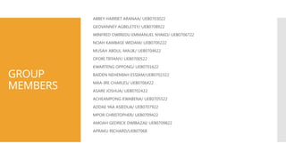 GROUP
MEMBERS
ABBEY HARRIET ARANAA/ UEB0703022
GEOVANNEY AGBELETEY/ UEB0708922
WINFRED OWIREDU EMMANUEL NYAKO/ UEB0706722
NOAH KAMBASE WEDAM/ UEB0700222
MUSAH ABDUL-MALIK/ UEB0704622
OFORI TIFFANY/ UEB0700522
KWARTENG OPPONG/ UEB0701622
BAIDEN NEHEMIAH ESSIAM/UEB0702322
MAA-IRE CHARLES/ UEB0706422
ASARE JOSHUA/ UEB0702422
ACHEAMPONG KWABENA/ UEB0705522
ADDAE YAA ASIEDUA/ UEB0707922
MPOR CHRISTOPHER/ UEB0709422
AMOAH GEDRICK DWIBAZAI/ UEB0709822
APRAKU RICHARD/UEB07068
 