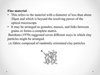 Fine material –
• This refers to the material with a diameter of less than about
20µm and which is beyond the resolving power of the
optical microscope.
• It may be arranged as granules, masses, and links between
grains or forms a complete matrix.
Burnham (1970) suggested seven different ways in which clay
particles might be arranged.
(A) fabric composed of randomly orientated clay particles
 