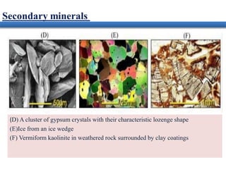 (D) A cluster of gypsum crystals with their characteristic lozenge shape
(E)Ice from an ice wedge
(F) Vermiform kaolinite in weathered rock surrounded by clay coatings
 