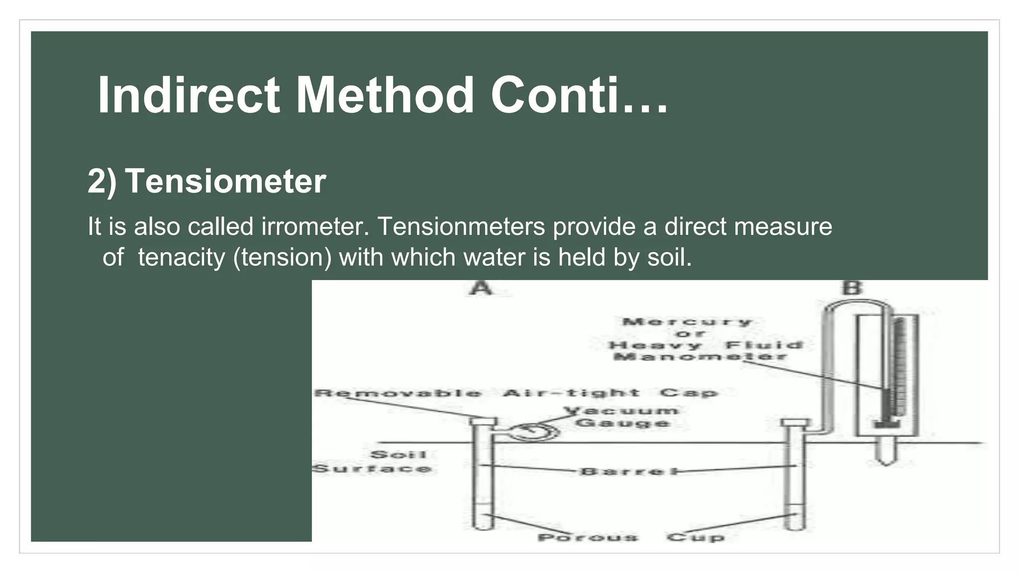 Indirect Method Conti…
2) Tensiometer
It is also called irrometer. Tensionmeters provide a direct measure
of tenacity (tension) with which water is held by soil.
 