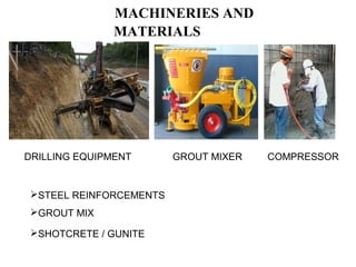 MACHINERIES AND
MATERIALS
GROUT MIX
STEEL REINFORCEMENTS
SHOTCRETE / GUNITE
DRILLING EQUIPMENT GROUT MIXER COMPRESSOR
 