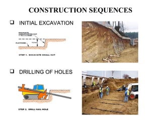 CONSTRUCTION SEQUENCES
 INITIAL EXCAVATION
 DRILLING OF HOLES
 