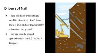 Driven soil Nail
● These soil nails are relatively
small in diameter [19 to 25 mm
(¾ to 1 in.)] and are mechanically
driven into the ground.
● They are usually spaced
approximately 1 to 1.2 m (3 to 4
ft) apart.
 