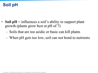 Copyright © 2008 Pearson Education, Inc., publishing as Pearson Benjamin Cummings
Soil pH
• Soil pH = influences a soil’s ability to support plant
growth (plants grow best at pH of 7)
- Soils that are too acidic or basic can kill plants
- When pH gets too low, soil can not bond to nutrients
 