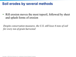 Copyright © 2008 Pearson Education, Inc., publishing as Pearson Benjamin Cummings
Soil erodes by several methods
• Rill erosion moves the most topsoil, followed by sheet
and splash forms of erosion
Despite conservation measures, the U.S. still loses 6 tons of soil
for every ton of grain harvested
 