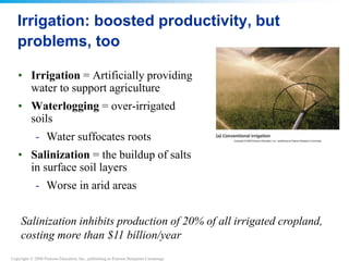 Copyright © 2008 Pearson Education, Inc., publishing as Pearson Benjamin Cummings
Irrigation: boosted productivity, but
problems, too
• Irrigation = Artificially providing
water to support agriculture
• Waterlogging = over-irrigated
soils
- Water suffocates roots
• Salinization = the buildup of salts
in surface soil layers
- Worse in arid areas
Salinization inhibits production of 20% of all irrigated cropland,
costing more than $11 billion/year
 