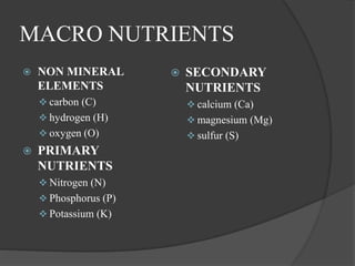 MACRO NUTRIENTS
 NON MINERAL
ELEMENTS
 carbon (C)
 hydrogen (H)
 oxygen (O)
 PRIMARY
NUTRIENTS
 Nitrogen (N)
 Phosphorus (P)
 Potassium (K)
 SECONDARY
NUTRIENTS
 calcium (Ca)
 magnesium (Mg)
 sulfur (S)
 