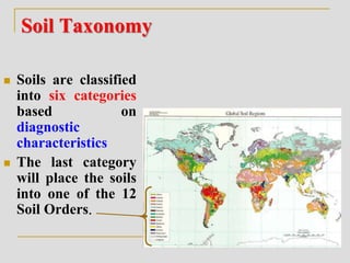 Soil Taxonomy
 Soils are classified
into six categories
based on
diagnostic
characteristics
 The last category
will place the soils
into one of the 12
Soil Orders.
 