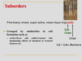 Suborders
 Grouped by similarities in soil
formation such as
 wetter/dryer soil, colder/warmer soil,
dominating effects of chemical or textural
features etc.
Fine-loamy mixed, super active, mesic Aquic Argiudolls
Sub
Order
Order
Ud = Udic Moisture
 