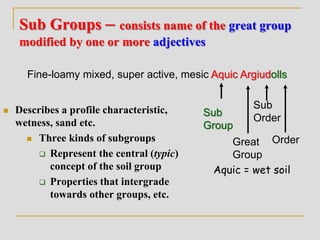 Sub Groups – consists name of the great group
modified by one or more adjectives
 Describes a profile characteristic,
wetness, sand etc.
 Three kinds of subgroups
 Represent the central (typic)
concept of the soil group
 Properties that intergrade
towards other groups, etc.
Great
Group
Fine-loamy mixed, super active, mesic Aquic Argiudolls
Sub
Group
Sub
Order
Order
Aquic = wet soil
 