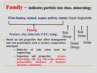 Family – indicates particle size class, mineralogy
 Based on soil properties that affect management
and root penetration, such as texture, temperature,
and depth
 Behavior of soils when used for
engineering
 Important soil properties: texture,
mineralogy, pH, avg. soil temp, moisture,
permeability, thickness of horizons,
structure, consistency
Great
Group
Fine-loamy, mixed, super active, mesic Aquic Argiudolls
Family
Sub
Group
Sub
Order
Order
Texture, clay minerals, CEC, temp,
 