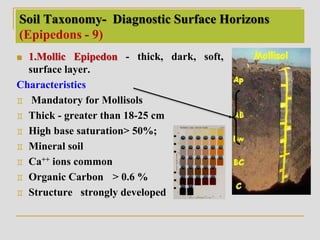 Soil Taxonomy- Diagnostic Surface Horizons
(Epipedons - 9)
 1.Mollic Epipedon - thick, dark, soft,
surface layer.
Characteristics
 Mandatory for Mollisols
 Thick - greater than 18-25 cm
 High base saturation> 50%;
 Mineral soil
 Ca++ ions common
 Organic Carbon > 0.6 %
 Structure strongly developed
 