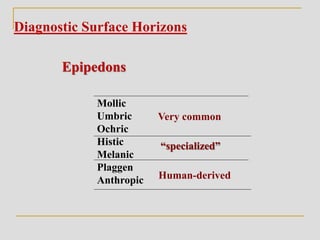 Diagnostic Surface Horizons
Epipedons
Mollic
Umbric
Ochric
Histic
Melanic
Plaggen
Anthropic
Very common
Human-derived
“specialized”
 